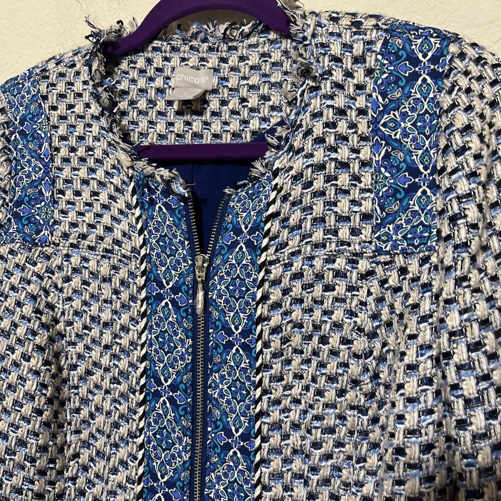 Chicos 0/S Blue Tweed Jacket Blazer boucle full zip sz 4/6 - Picture 2 of 10